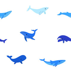 Simple seamless trendy animal pattern with different type of whale - sperm whale, blue whale, humpback whale, polar whale, beluga.