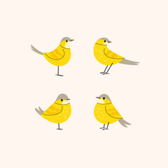 Cartoon bird icon set. Different poses of wagtail. Cute illustration for prints, clothing, packaging, stickers.