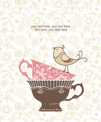 Card with cup and bird.