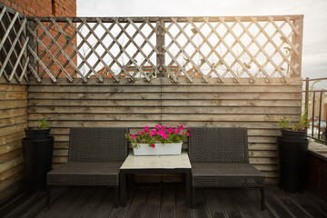 beautiful freshly planted flowers on the balcony