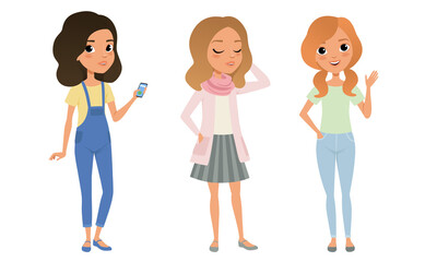 Three Beautiful Girls Dressed in Trendy Clothes Standing Together, Group of Cute Stylish Teenagers Characters Cartoon Style Vector Illustration