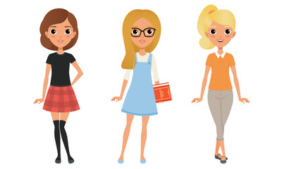 Three Beautiful Girls Dressed in Trendy Clothes, Group of Cute Stylish Teenagers Characters Cartoon Style Vector Illustration
