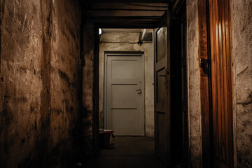 Door in the old basement. Dark old basement in the building - scary place.