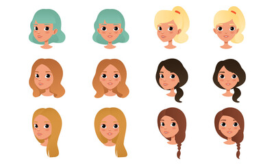 Heads of Cute Girls Set, Beautiful Female Characters with Various Hairstyles Cartoon Style Vector Illustration