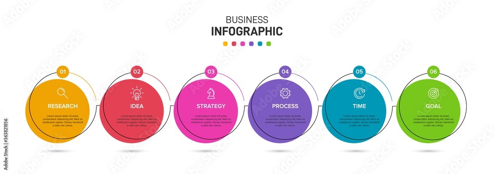 Poster concept of arrow business model with 6 successive isometric steps. six colorful graphic elements. ti