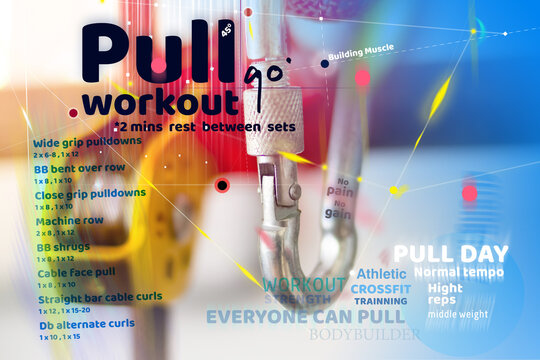 Poster Free weights workout style. Pull day workout routines. it is easy style and very popular in the World. Helpful the body to be strong.