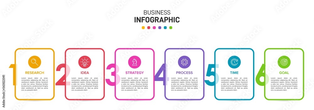 Poster concept of arrow business model with 6 successive isometric steps. six colorful graphic elements. ti
