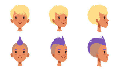 Male Heads Set, Caucasian Boy Characters with Various Hairstyles, Frontal, Profile, Three Quarter Turn View Cartoon Style Vector Illustration