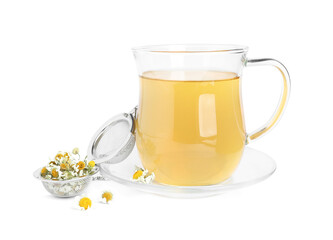 Fresh chamomile tea and dry flowers in infuser isolated on white