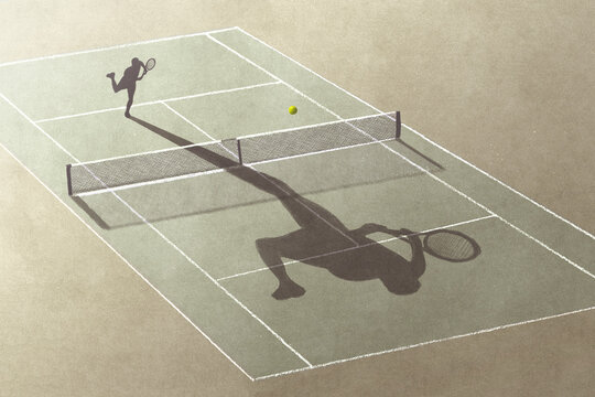 illustration of man playing tennis with his shadow, surreal abstract concept