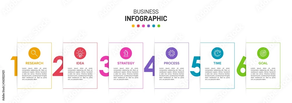 Poster concept of arrow business model with 6 successive isometric steps. six colorful graphic elements. ti