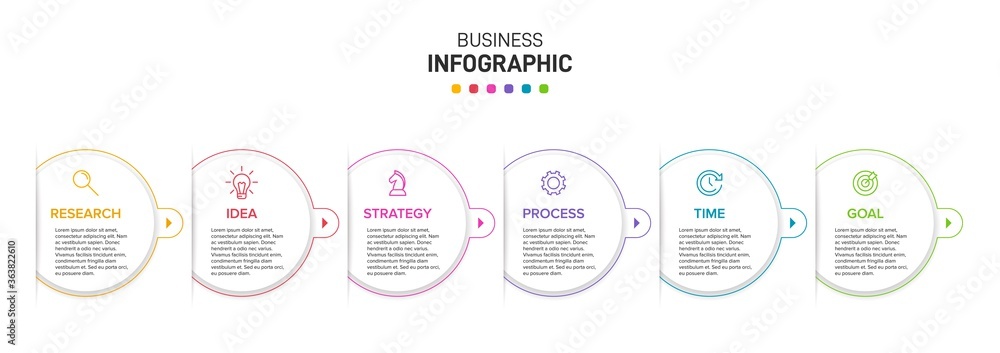 Poster concept of arrow business model with 6 successive isometric steps. six colorful graphic elements. ti