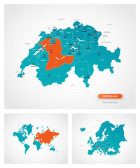 Editable template of map of Switzerland with marks. Switzerland on world map and on Europe map.