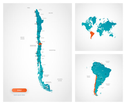Editable template of map of Chile with marks. Chile on world map and on South America map.