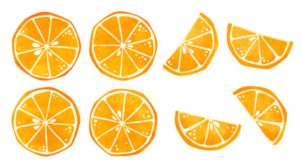 Watercolor orange fruit half slice clipart bundle. Quarter citrus collection isolated stylized clip art set, hand drawn stock illustration for juice pack design. Tropical fruits - vegetarian food.