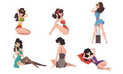 Seductive Girls Set, Beautiful Brunette Sensual Young Women in Lingerie Cartoon Style Vector Illustration