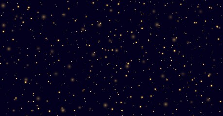 Fireflies flying in the night, yellow sparkles on a dark blue background. Golden stardust light effect. Abstract evening sky vector backdrop.