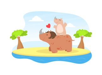 Cute Baby Rhinoceros and Parent, Happy Wild African Animals Family Cartoon Vector Illustration
