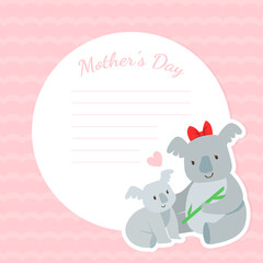 Obraz premium Mothers Day Greeting Card with Mother Koala and Her Baby, Happy Animals Family Cartoon Vector Illustration