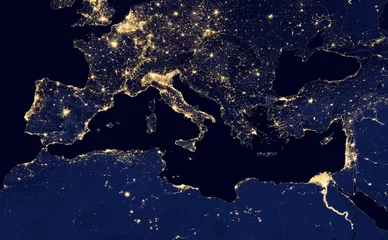 Blackout curtains North Europe earth at night, view of city lights in Europe and north africa region arround  Mediterranean Sea from space. Elements of this image furnished by NASA. 