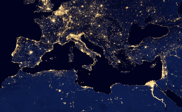 earth at night, view of city lights in Europe and north africa region arround  Mediterranean Sea from space. Elements of this image furnished by NASA. 