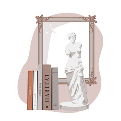 Statue with books and a mirror behind.For cards, prints, posters and design.