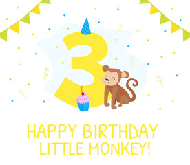 Happy Third Birthday Card, Birthday Anniversary Number with Cute Little Monkey Animal, Banner, Poster or Invitation Template Cartoon Vector Illustration