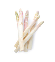 Pile of fresh raw asparagus isolated on white, top view