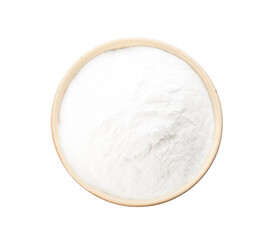 Bowl with baking soda isolated on white, top view