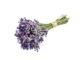 Beautiful bouquet of lavender flowers on white background