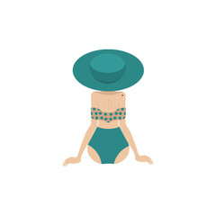 woman from the back, in a swimsuit, with a green hat, white background