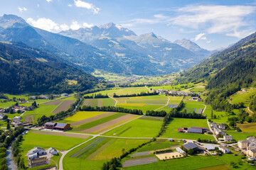 Poschiavo valley, Switzerland, aerial view of the village of Le Prese