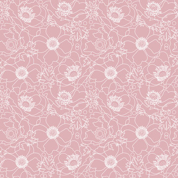 Vector powdery pink lace flowers poppy elegant seamless pattern background with hand drawn white line art floral elements. © LanaSham