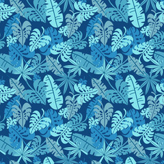 Fototapeta na wymiar Tropical seamless pattern, palm leaves floral background. Exotic plant leaf print illustration. Summer blue jungle print. Leaves of palm tree on paint lines. Flat hand drawn vector design