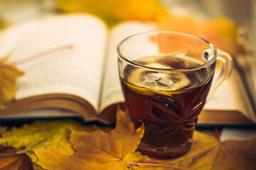 book in autumn yellow leaves with a cup of warm tea with lemon