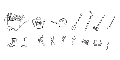 set garden tools doodle vector elements . Hand drawn shovel, fork, rake, watering can, pruner, gloves, scissors, rubber boots, wheelbarrow isolated on white