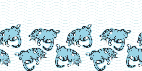 Vector cute hygge geometric cat border. Hand drawn cartoon style design on wavy summery background. Greeting card, gift wrap, cozy comic style. Modern brush design on striped background. Perfect for