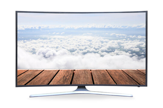 Curved TV 4K flat screen lcd or oled, plasma realistic, White blank HD monitor mockup, Modern video panel white flatscreen on isolated white background. with picture nature landscape.