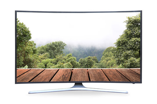 Curved TV 4K flat screen lcd or oled, plasma realistic, White blank HD monitor mockup, Modern video panel white flatscreen on isolated white background. with picture nature landscape.