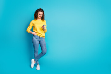 Full length body size view of her she nice attractive focused cheerful wavy-haired girl walking...