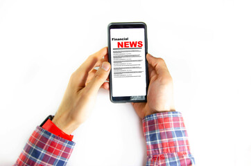 Men's hands in a checkered hipster shirt are holding a smartphone on a white background. The screen is white and black. Hands clutch a smartphone, twist, flip. First-person view.  Control. Copy Space