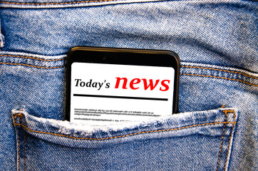 White screen smartphone in jeans pocket. Smartphone place for text. Smartphone in a pocket on a...