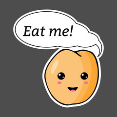 Kawaii sticker colorful cartoon peach with speech bubble ‘Eat me!’. Vector illustration isolated on dark background.