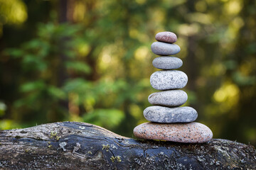 Pyramid stones balance on a tree trunk in the forest. Pyramid in focus, forest background is blurred.