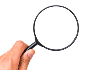 Male hand holds a magnifying glass on a white background