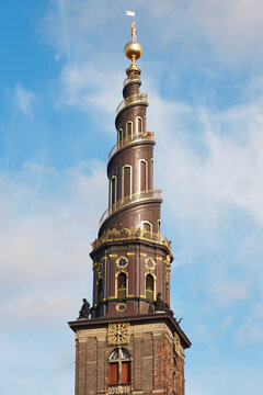 Copenhagen vor frelsers church old famous serpentine tower. Denmark
