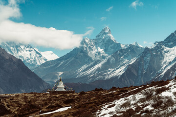 Beautifull Himalaya, Ama Dablam landscape from the footpath on the Everest Base Camp trek in the...