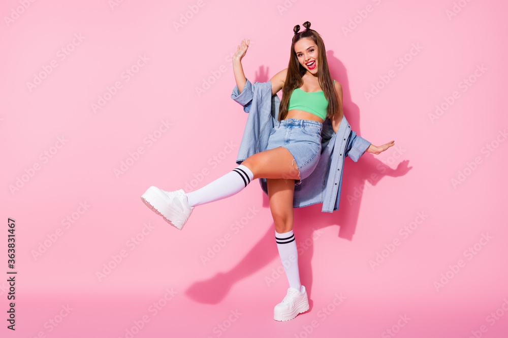 Wall mural Full length body size view of nice-looking attractive lovely pretty charming slim fit slender cheerful girl having fun dancing resting isolated over pink pastel color background