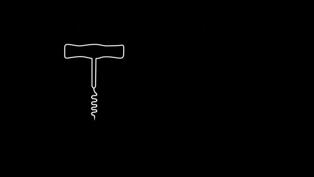 Self drawing animation of wine opener, cork screw. Copy space. Black background.