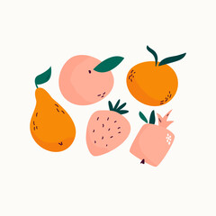 Fresh juicy fruits pear, peach, strawberry, mandarin, pomegranate. Ripe harvest, organic food
